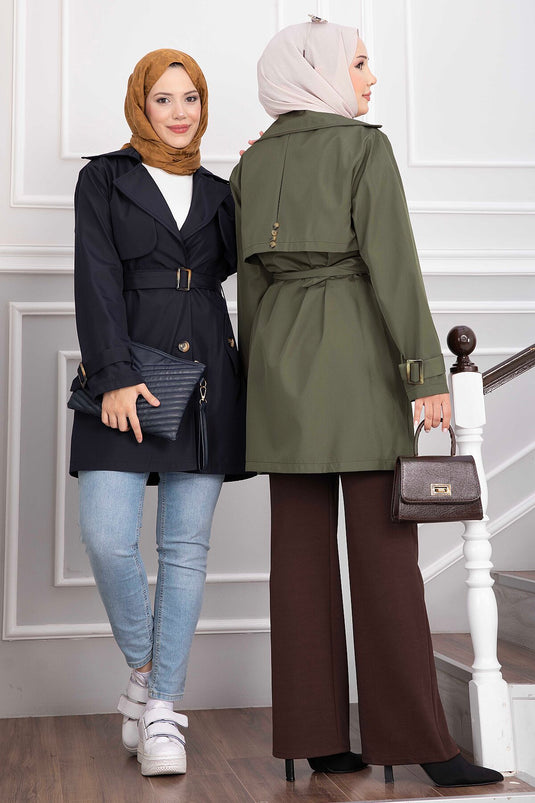 Wrap Collar Belted Trench Coat In Khaki