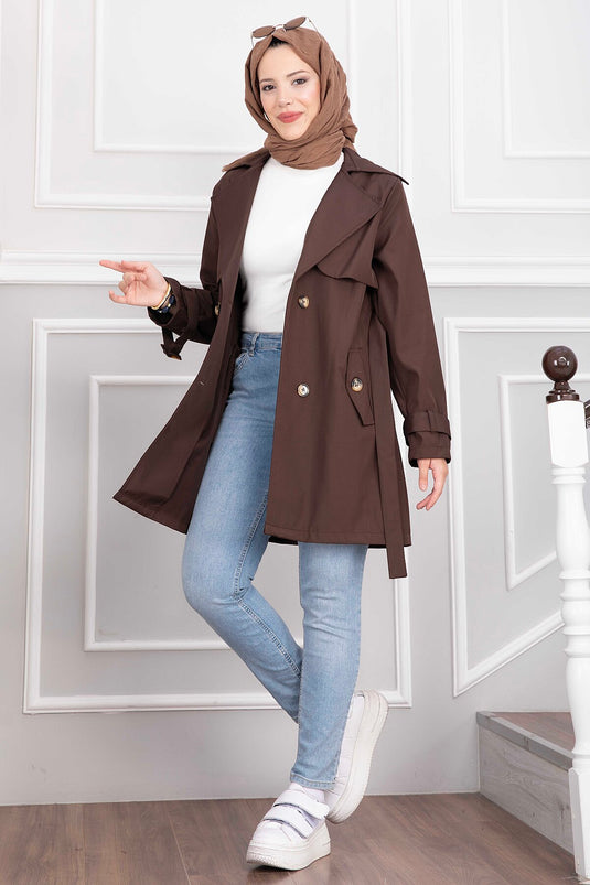 Brauner Wickelkragen Trenchcoat Mit Gürtel