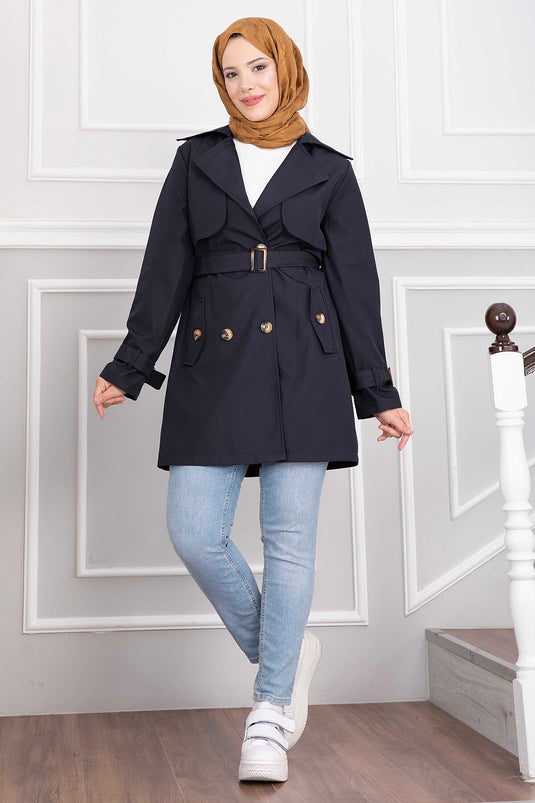 Trench Coat Blu Navy Con Collo Incrociato E Cintura
