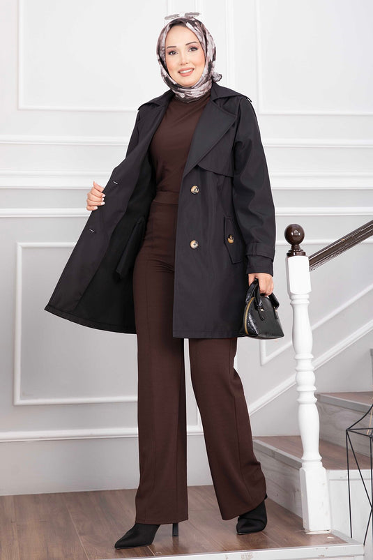 Black Wrap Collar Belted Trench Coat