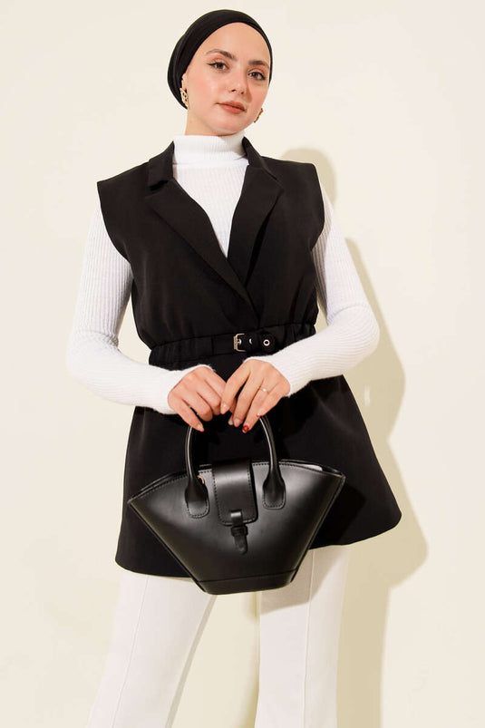 Gilet con Collo a Incrocio e Cintura Nero