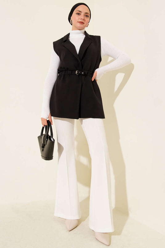 Gilet con Collo a Incrocio e Cintura Nero