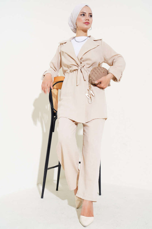 Kruvaze Yaka Keten İkili Takım Bej