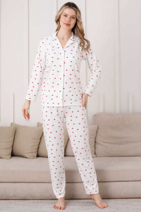 Kruvaze kraag pyjamapak met kersenborduursel wit
