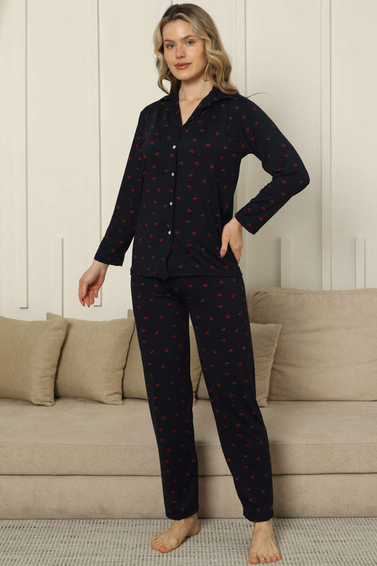 Kruvaze kraag pyjamapak met kersenborduursel donkerblauw