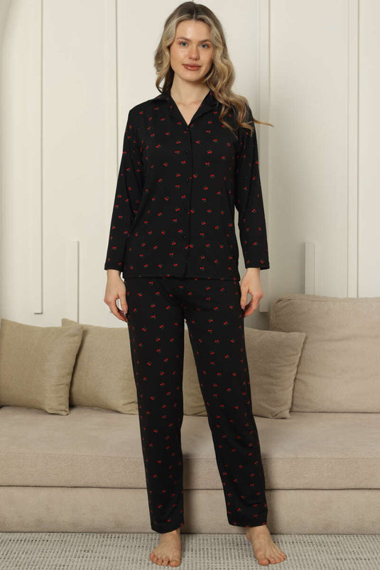 Kruvaze Hals Kersen Borduurde Pyjamaset Zwart