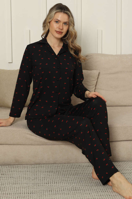 Kruvaze Hals Kersen Borduurde Pyjamaset Zwart