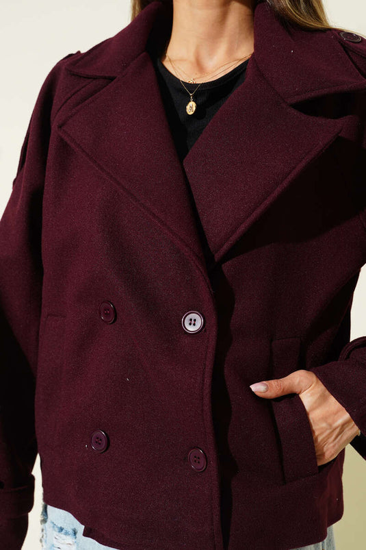 Kruvaze Yaka Kısa Kaban Mürdüm