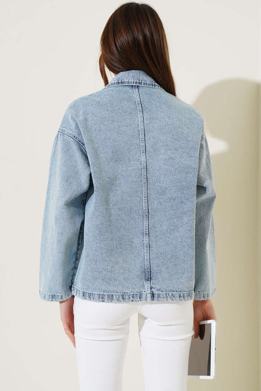 Giacca di jeans corta con scollo a incrocio colore Açık Kar