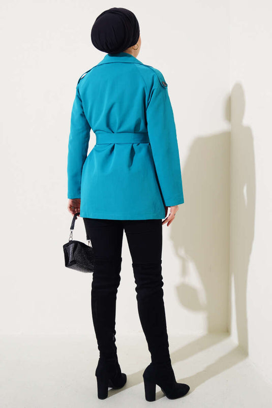 معطف قصير برقبة مزدوجة الصدر بلون أخضر فاتح