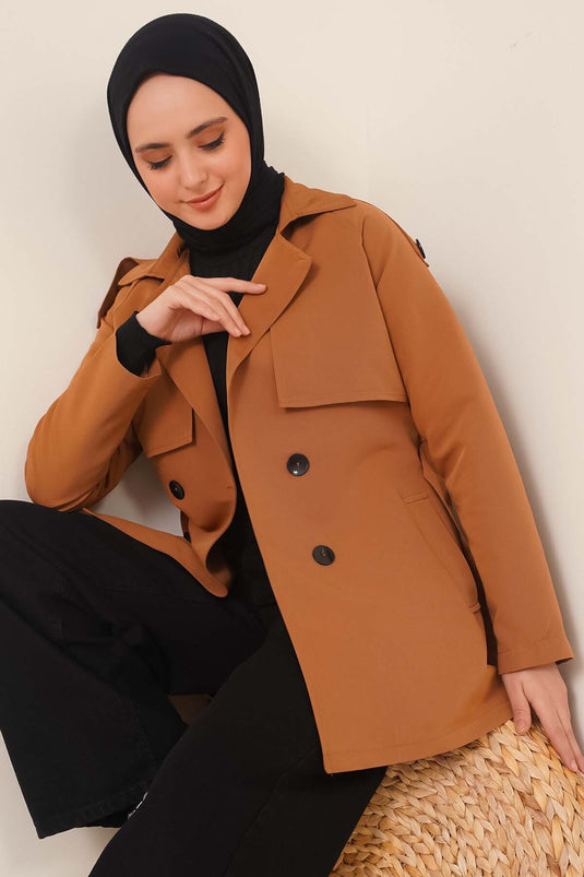 Crossover Collar Short Trench Coat Tan