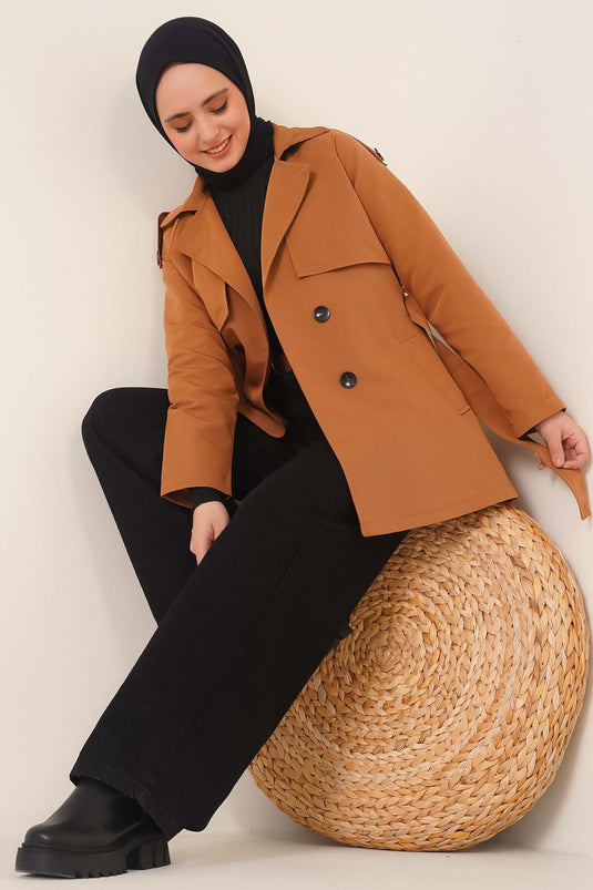 Crossover Collar Short Trench Coat Tan