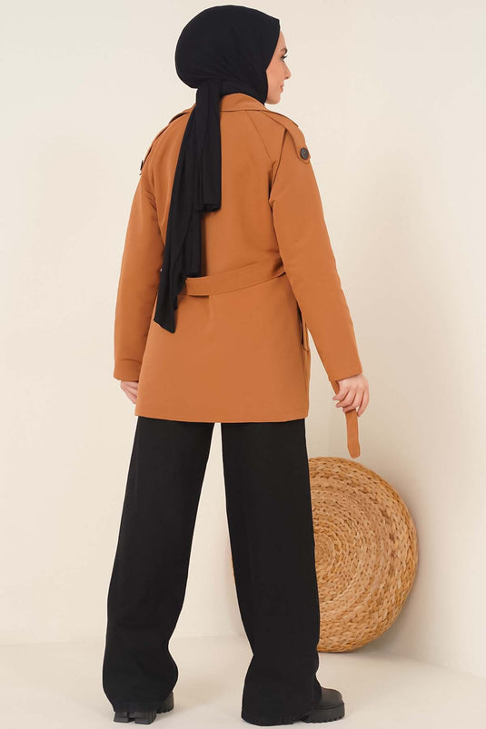 Crossover Collar Short Trench Coat Tan