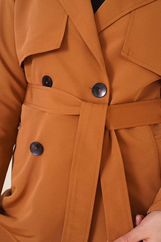 Crossover Collar Short Trench Coat Tan