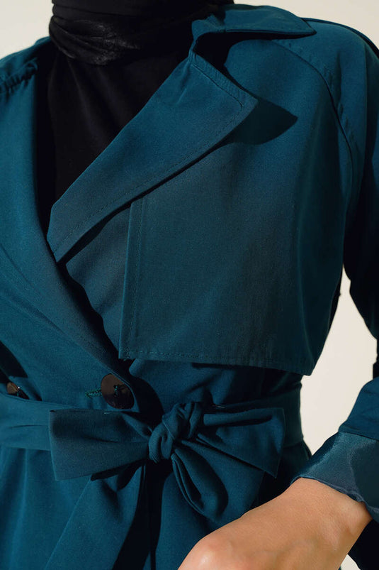 Double Breasted Neck Kort Trench Coat Emerald