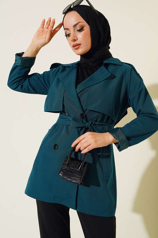 Kruvaze Yaka Kısa Trençkot Zümrüt