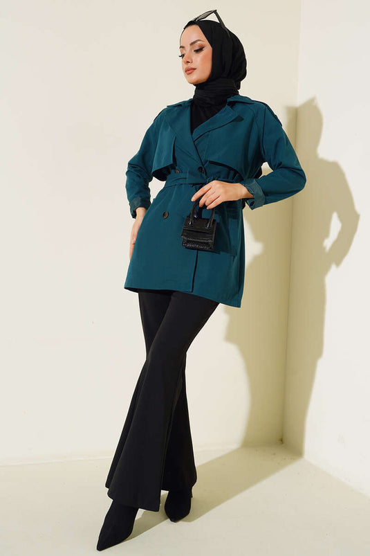 Kruvaze Yaka Kısa Trençkot Zümrüt