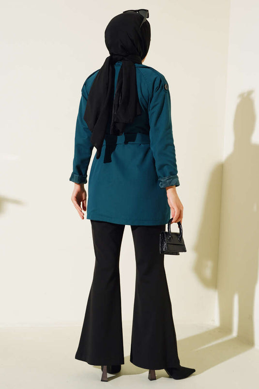 Double Breasted Neck Kort Trench Coat Emerald