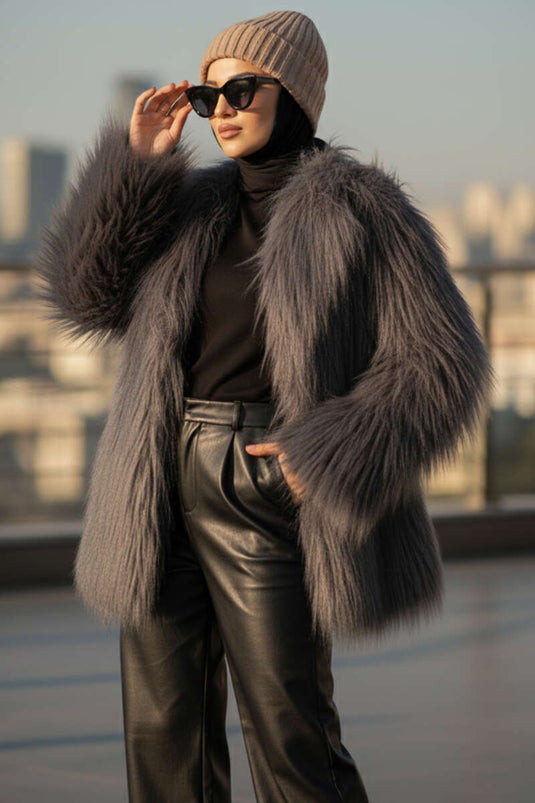 معطف مزدوج الصدر مبطن بالفرو، رمادي دخاني.