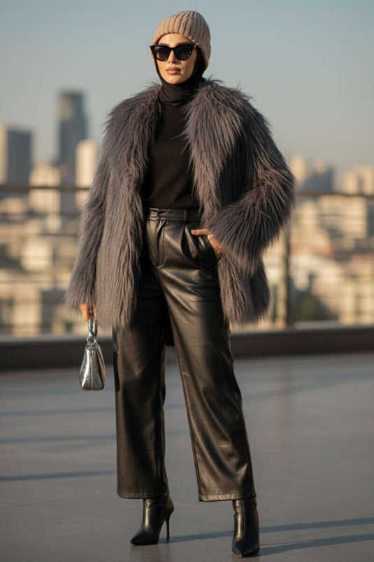 معطف مزدوج الصدر مبطن بالفرو، رمادي دخاني.