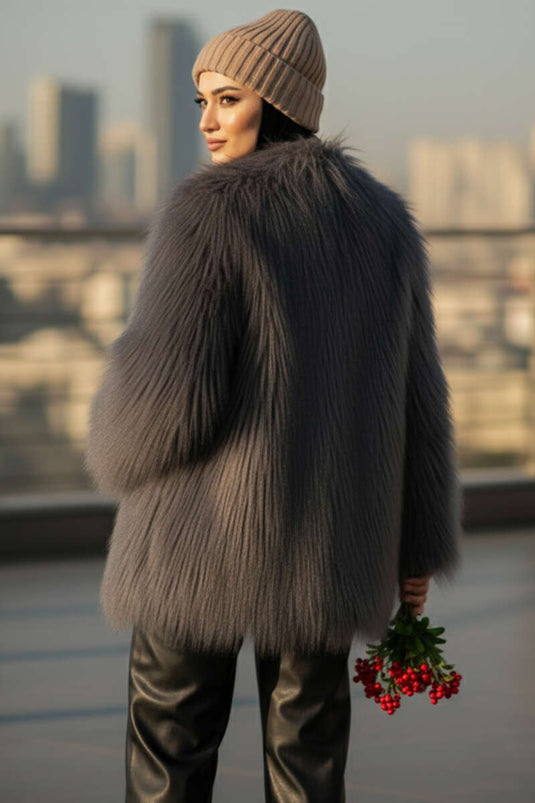 معطف مزدوج الصدر مبطن بالفرو، رمادي دخاني.