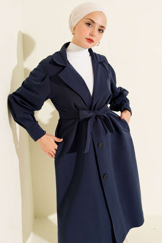 Trench-coat croisé avec ceinture, bleu marine.