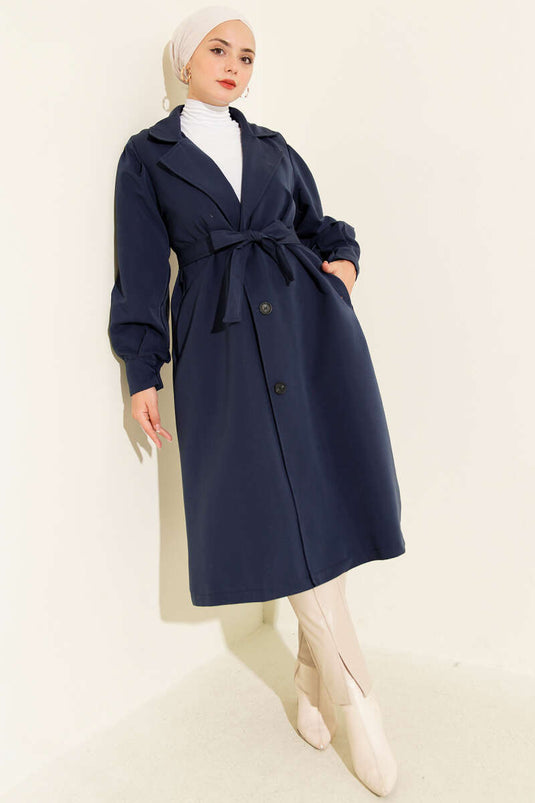 Trench-coat croisé avec ceinture, bleu marine.