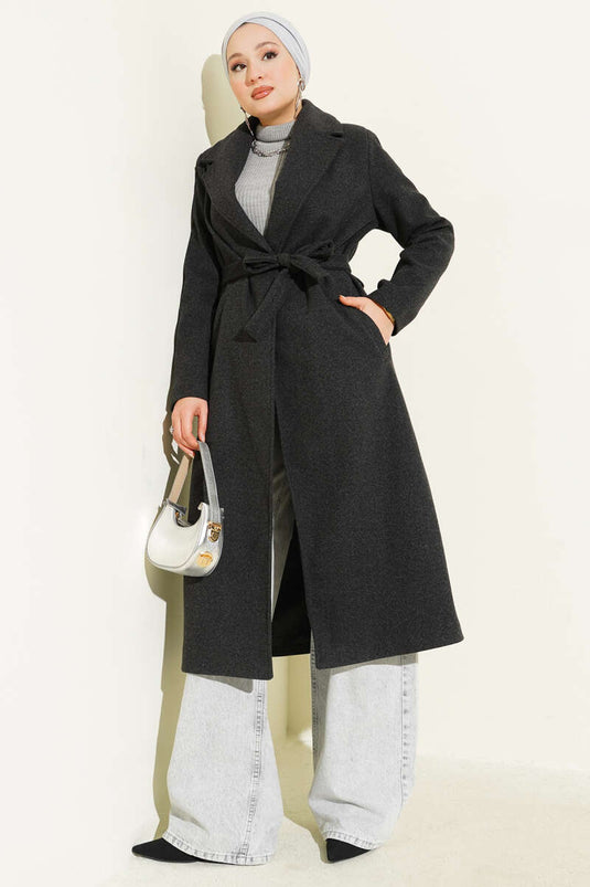 Kruvaze Yaka Kuşaklı Astarlı Kaban Antrasit