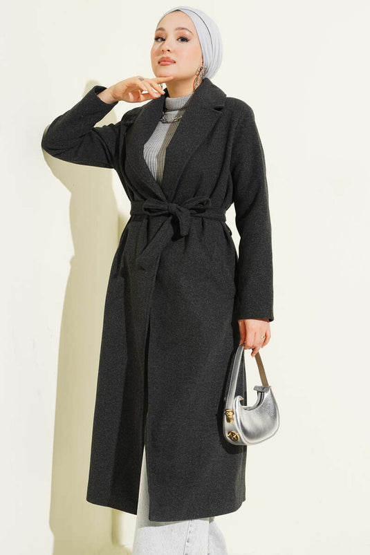 Kruvaze Yaka Kuşaklı Astarlı Kaban Antrasit