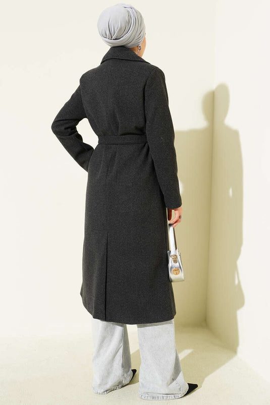 Kruvaze Yaka Kuşaklı Astarlı Kaban Antrasit