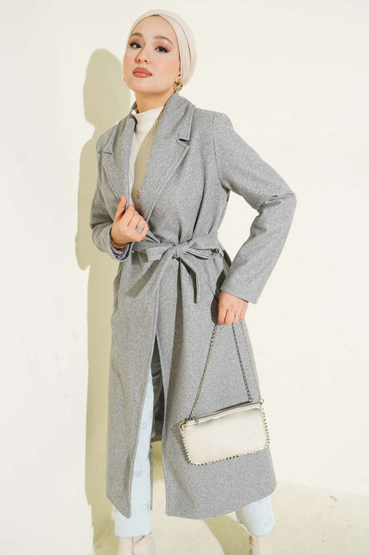 Kruvaze Yaka Kuşaklı Astarlı Kaban Gri