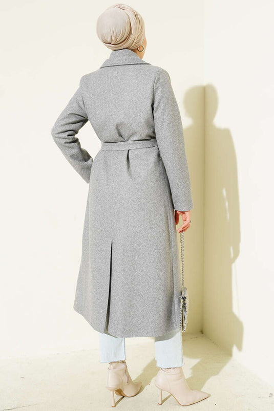 Kruvaze Yaka Kuşaklı Astarlı Kaban Gri