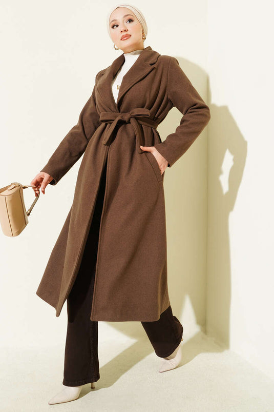 Kruvaze Yaka Kuşaklı Astarlı Kaban Kahve