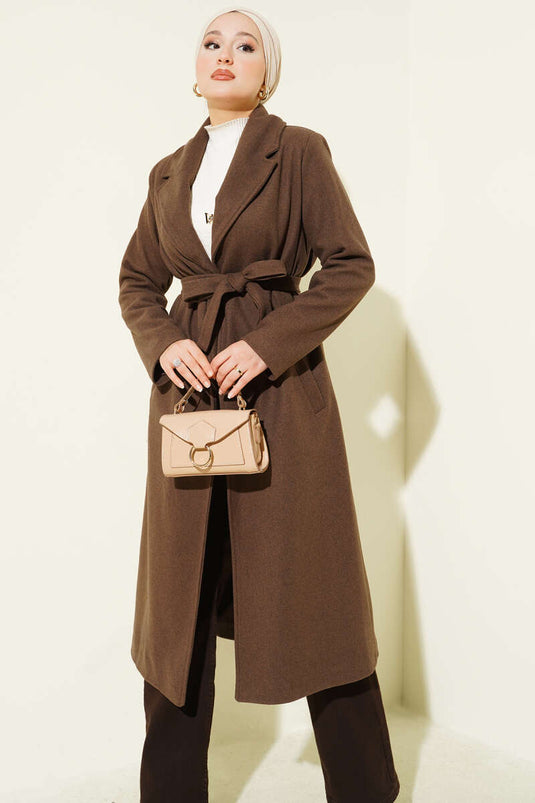 Kruvaze Yaka Kuşaklı Astarlı Kaban Kahve