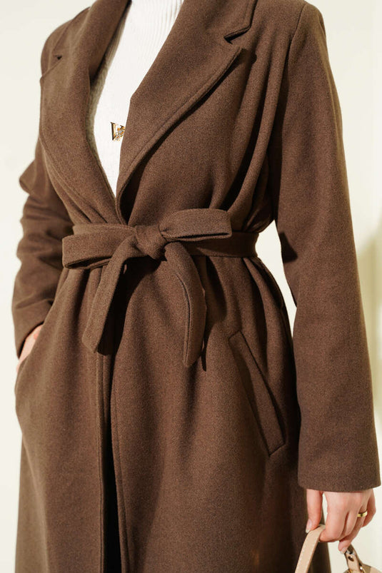 Kruvaze Yaka Kuşaklı Astarlı Kaban Kahve