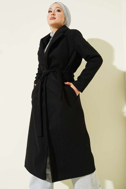 Kruvaze Yaka Kuşaklı Astarlı Kaban Siyah