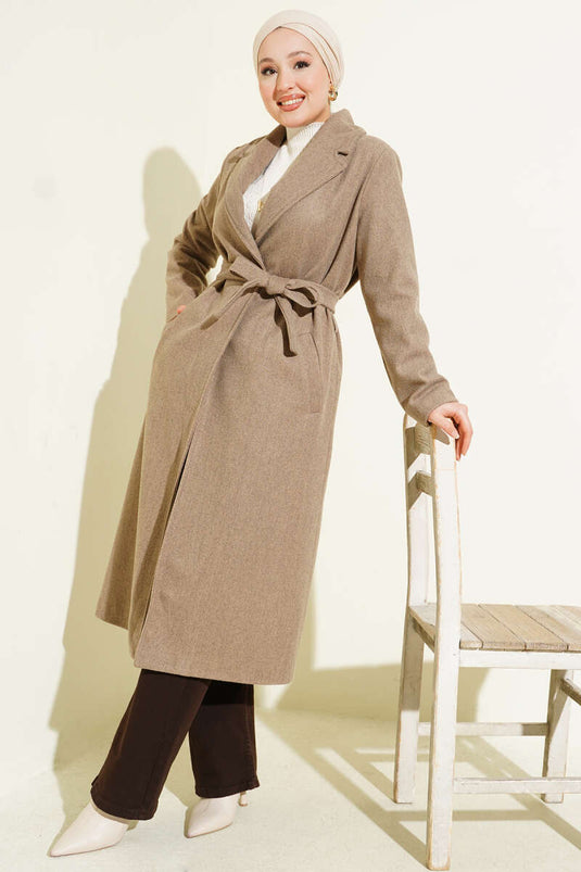 Kruvaze Yaka Kuşaklı Astarlı Kaban Vizon