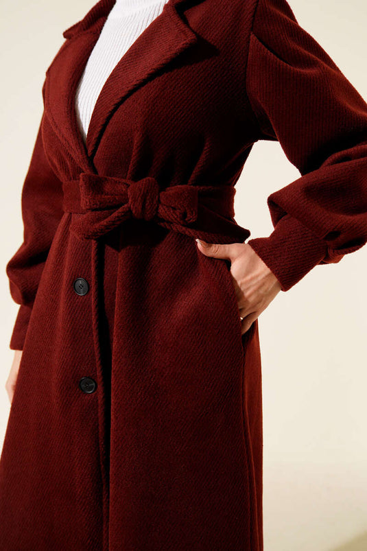 Kruvaze Yaka Kuşaklı Astarlı Kaşe Kaban Bordo