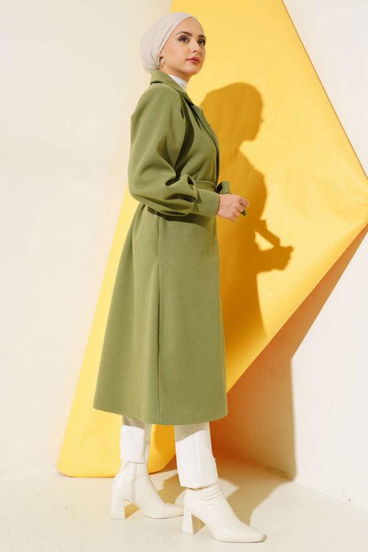 Kruvaze Yaka Kuşaklı Astarlı Kaşe Kaban Çağla Yeşili