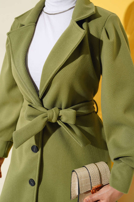 Kruvaze Yaka Kuşaklı Astarlı Kaşe Kaban Çağla Yeşili