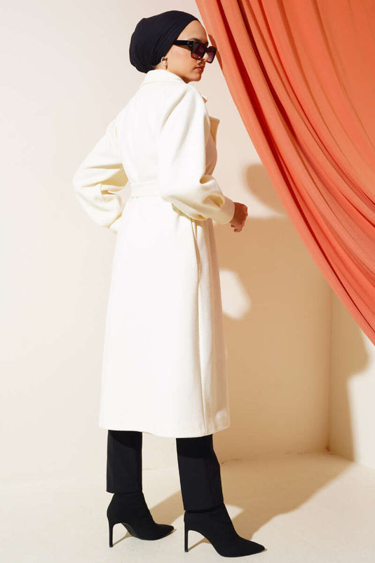 معطف ستاش مبطن بحزام وياقة مزدوجة الصدر