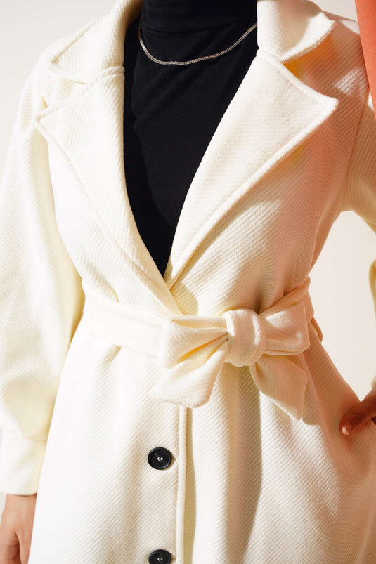 معطف ستاش مبطن بحزام وياقة مزدوجة الصدر