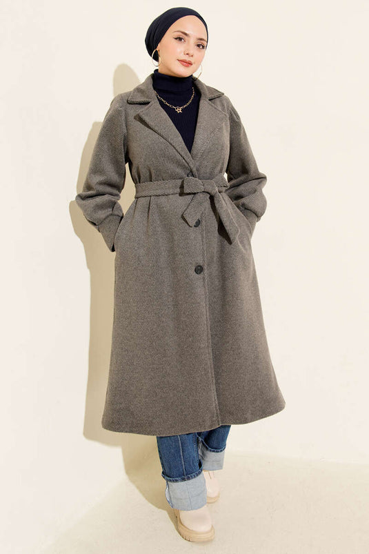 معطف كشمير مزدوج الصدر مبطن بحزام باللون الدخاني