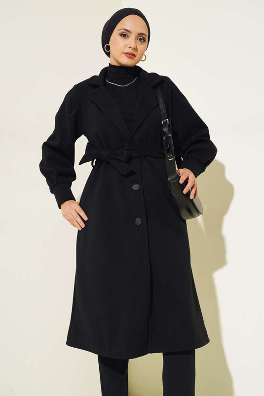 Kruvaze Yaka Kuşaklı Astarlı Kaşe Kaban Siyah