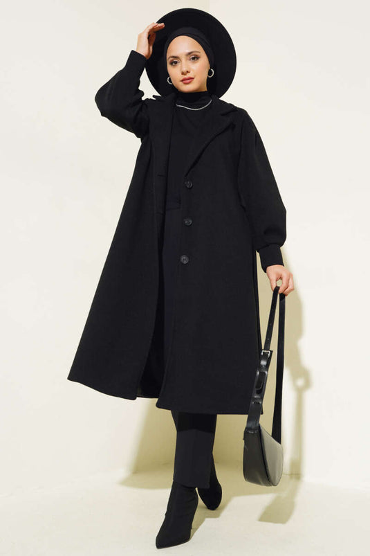 معطف كشمير أسود مبطن بحزام مزدوج الصدر