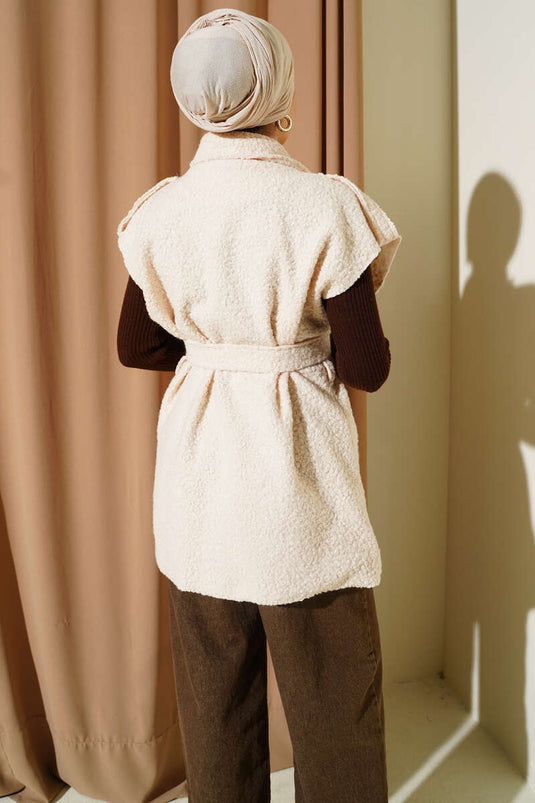 Zweireihige Bouclé-Weste mit Gürtel Beige