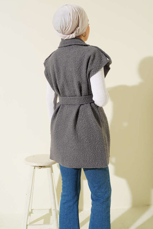 Double-Breasted Belted Boucle Vest Gray