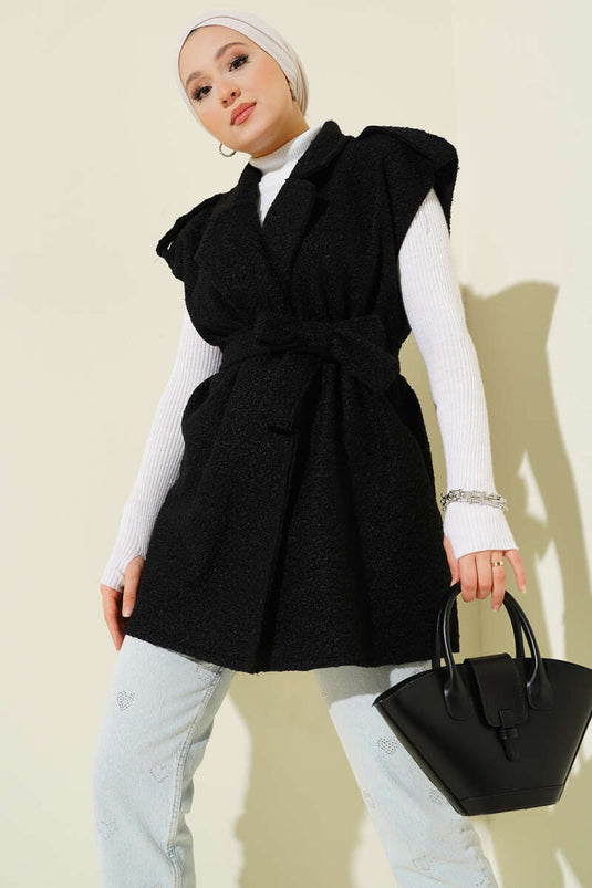 Chaleco de bouclé con cinturón y doble botonadura, negro