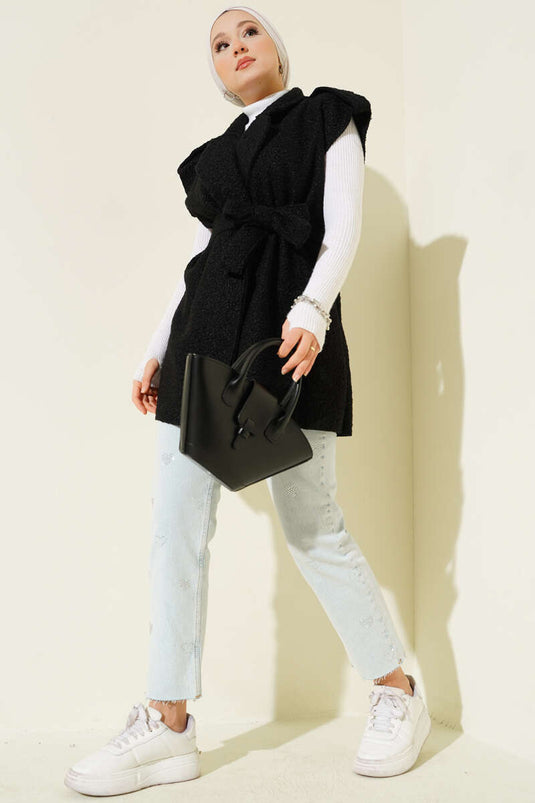 Chaleco de bouclé con cinturón y doble botonadura, negro