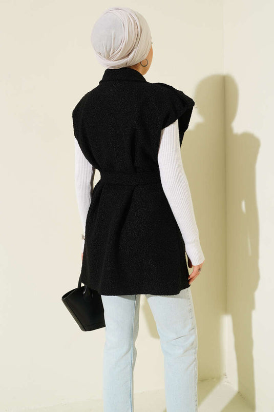Chaleco de bouclé con cinturón y doble botonadura, negro
